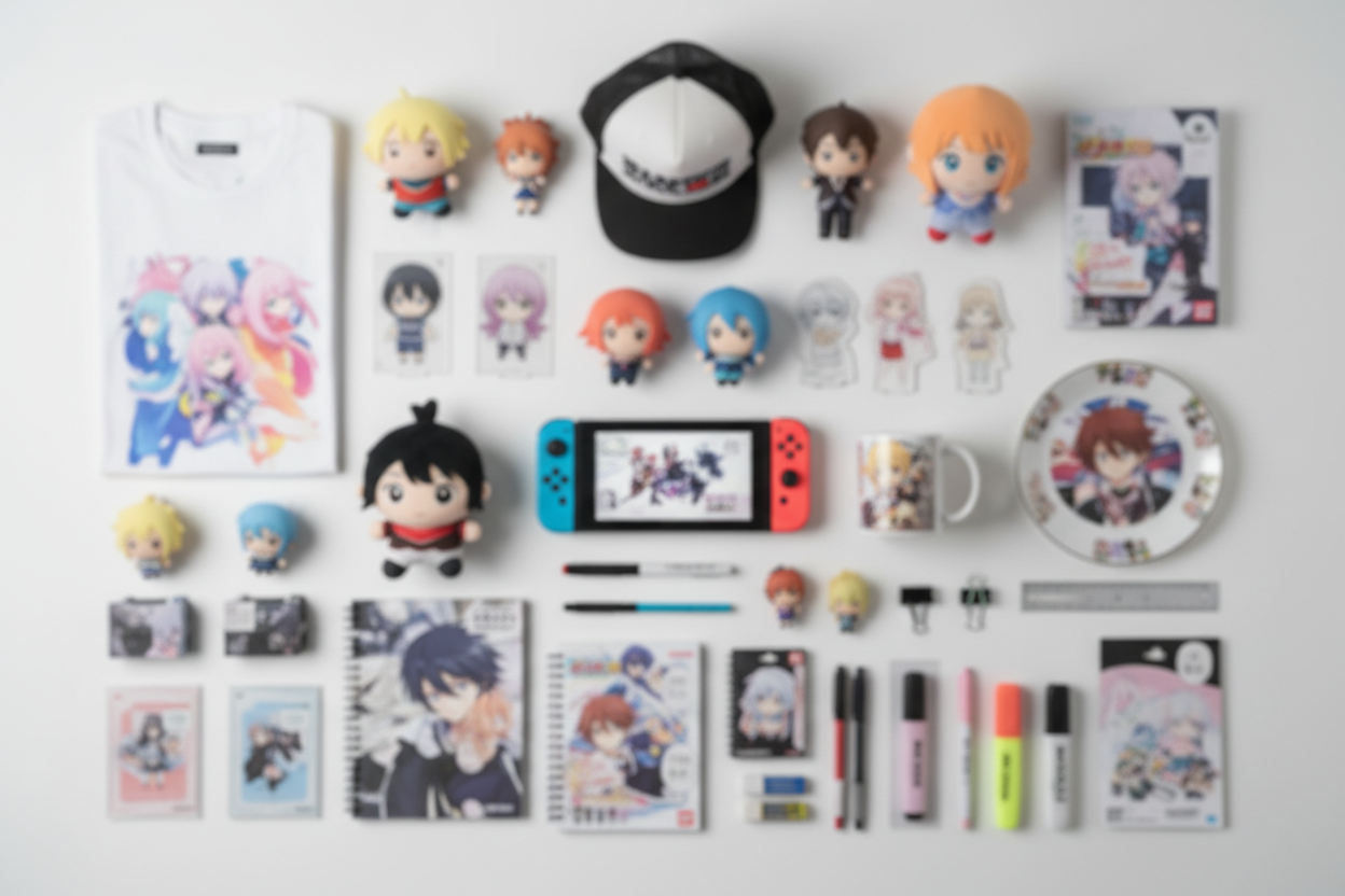 japanese game console related , anime t shirt, dolls, cap, stationary, mug, plate ,acrylic character stand, clean, whole picture in Gaussian Blur, shoot from top fill the item in whole picture