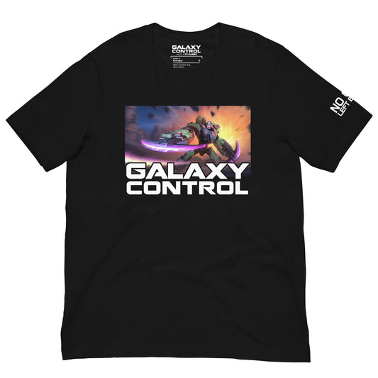 Hunter graphic on a black unisex tee, front view